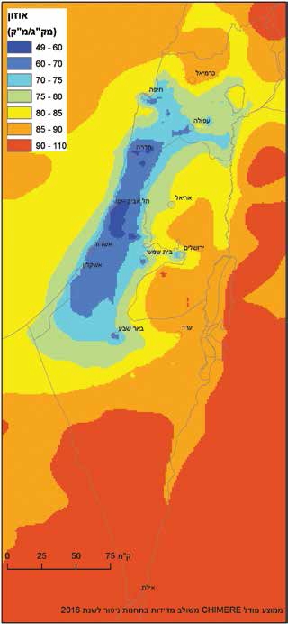 ערכי האוזון (בכתום ובאדום - ערכים גבוהים) (צילום מסך מתוך הדוח)
