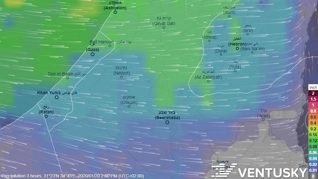 מפת הרוחות והגשמים בנגב (צילום מסך: אתר ventusky)