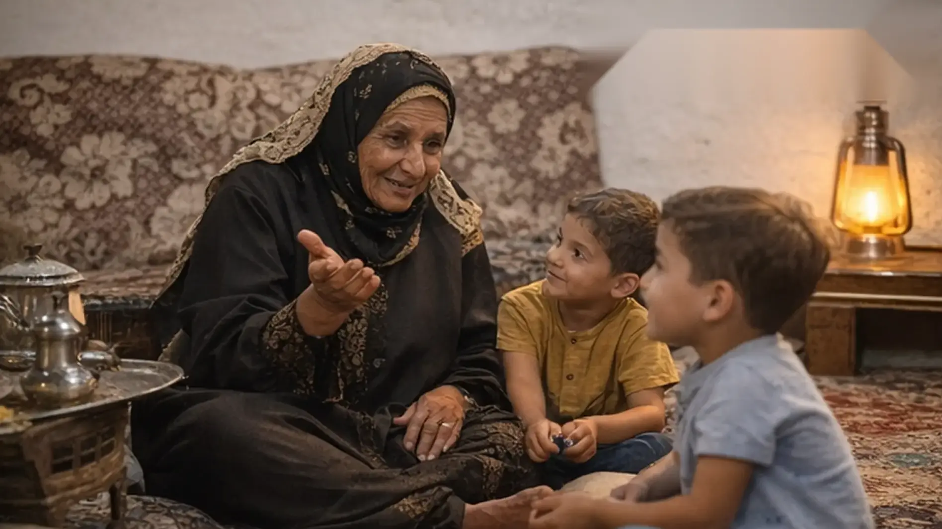 جدة تجلس مع أحفادها وتحكي لهم قصة رمضانية في مجلس بيت