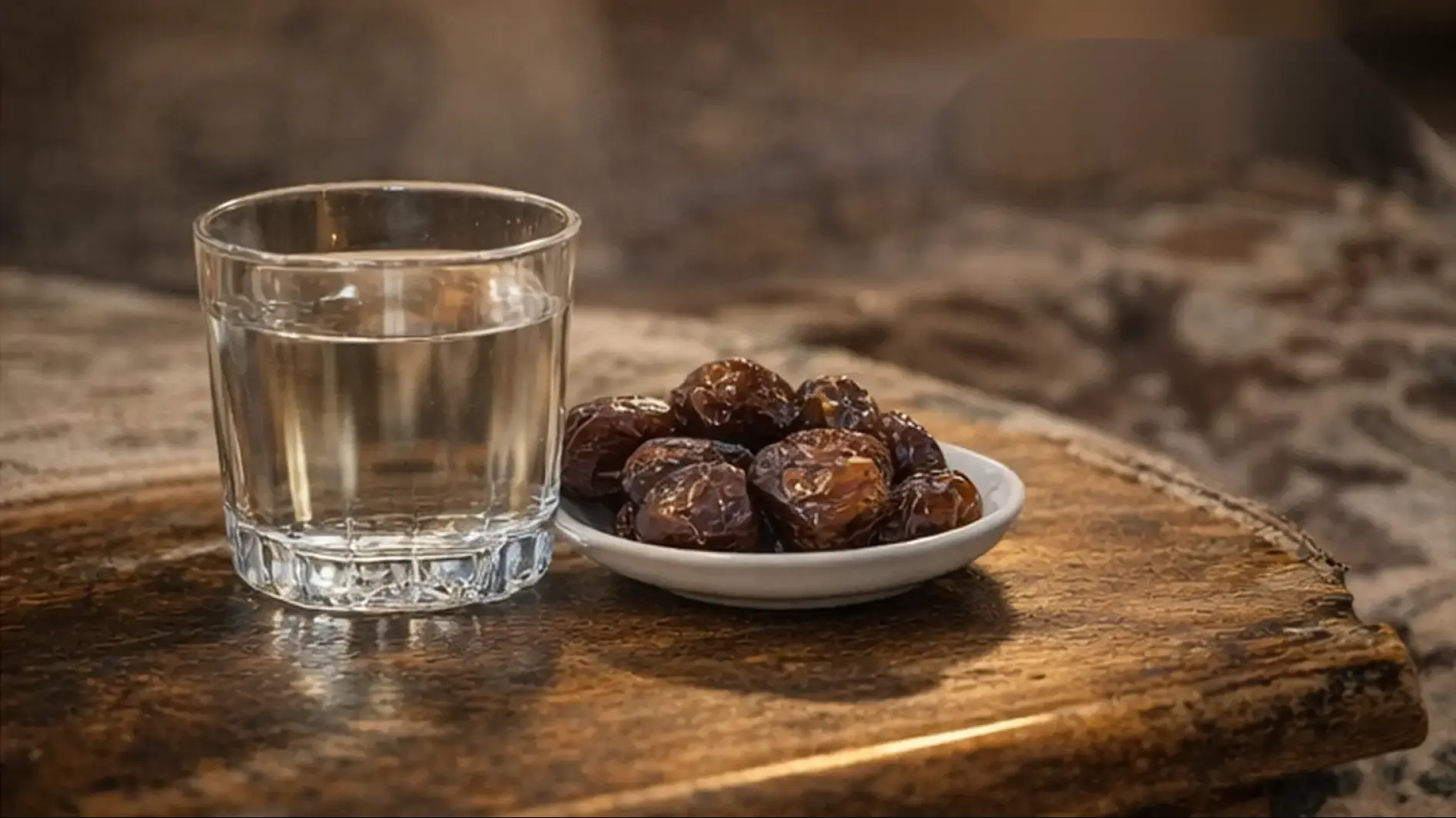 كوب ماء وتمر على طاولة عند وقت الإفطار
