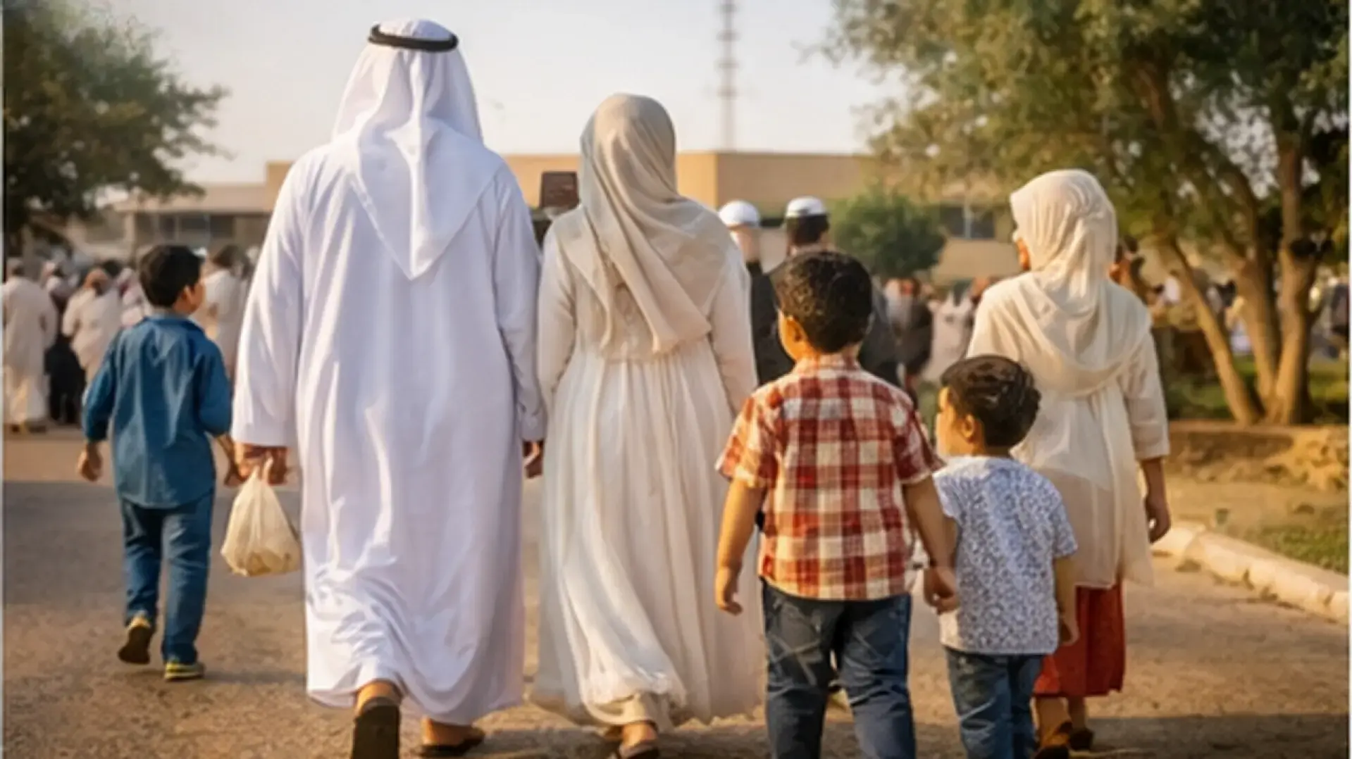 عائلة بملابس العيد تمشي صباحاً باتجاه صلاة العيد