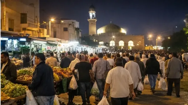 زحمة ناس في سوق خضار قبل المغرب مع أكياس مشتريات