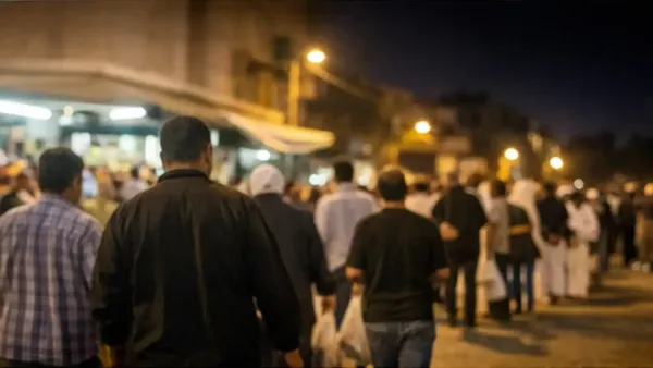 ناس خارجين من مسجد بعد صلاة التراويح في شارع ليلي هادئ