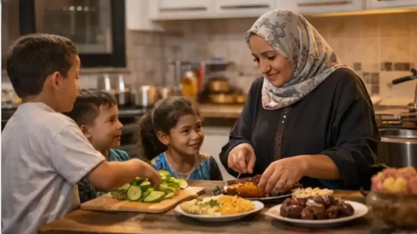  امرأة تحضر الإفطار في مطبخ منزلي بينما أطفالها يساعدونها