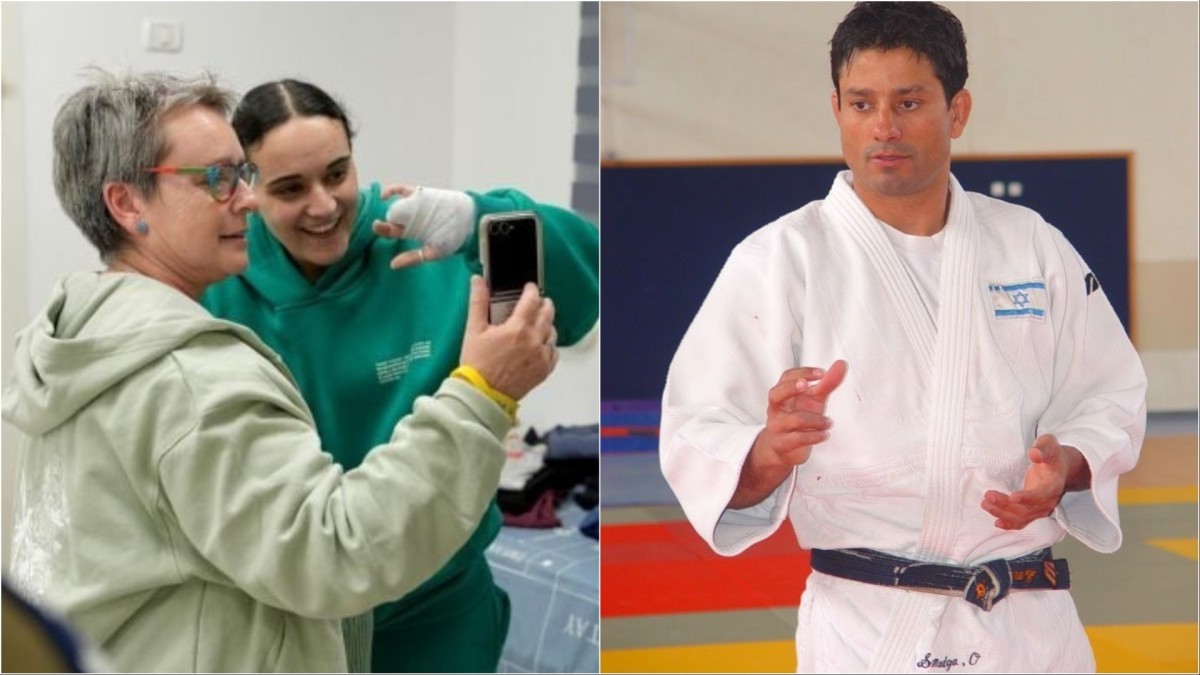 שורדת השבי אמילי דמארי ומאמן הג'ודו אורן סמדג'ה ישיאו משואה ביום העצמאות ה-77