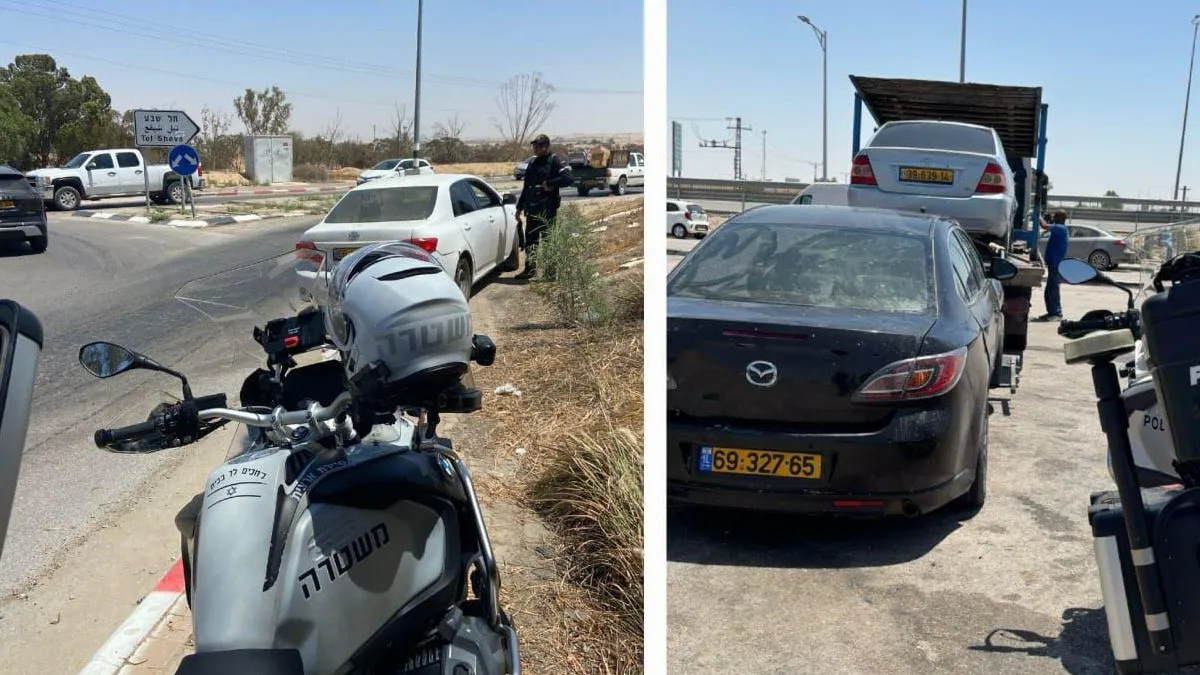 השר איתמר בן גביר במהלך שיחה עם תושבי עומר, לצד מפקדי תחנת עיירות, במהלך סיור ביטחוני בדרום הארץ