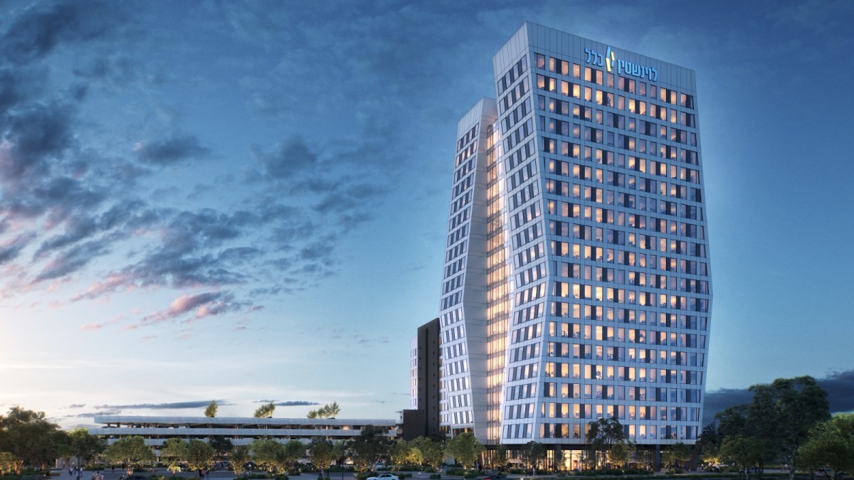 הדמיה של מגדל משרדים מודרני בבאר שבע – לוינשטין-כלל, מוקף במבני ציבור מרכזיים