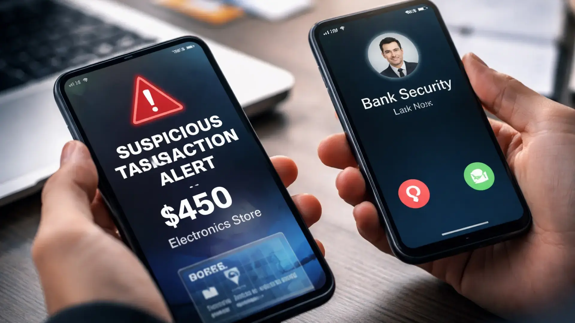 טלפון חכם מציג הודעת עסקה חשודה בזמן שיחה מזויפת מנציג בנק