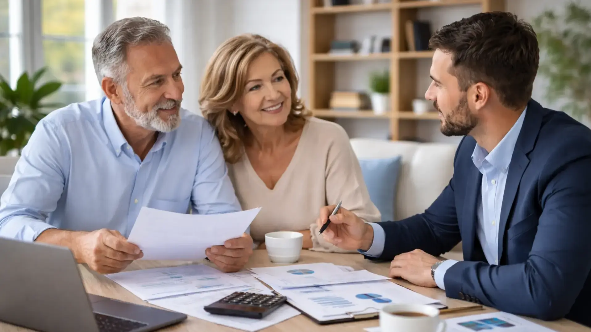 זוג בגיל פרישה יושב עם יועץ פנסיוני ובוחן תכנון פיננסי לעתיד