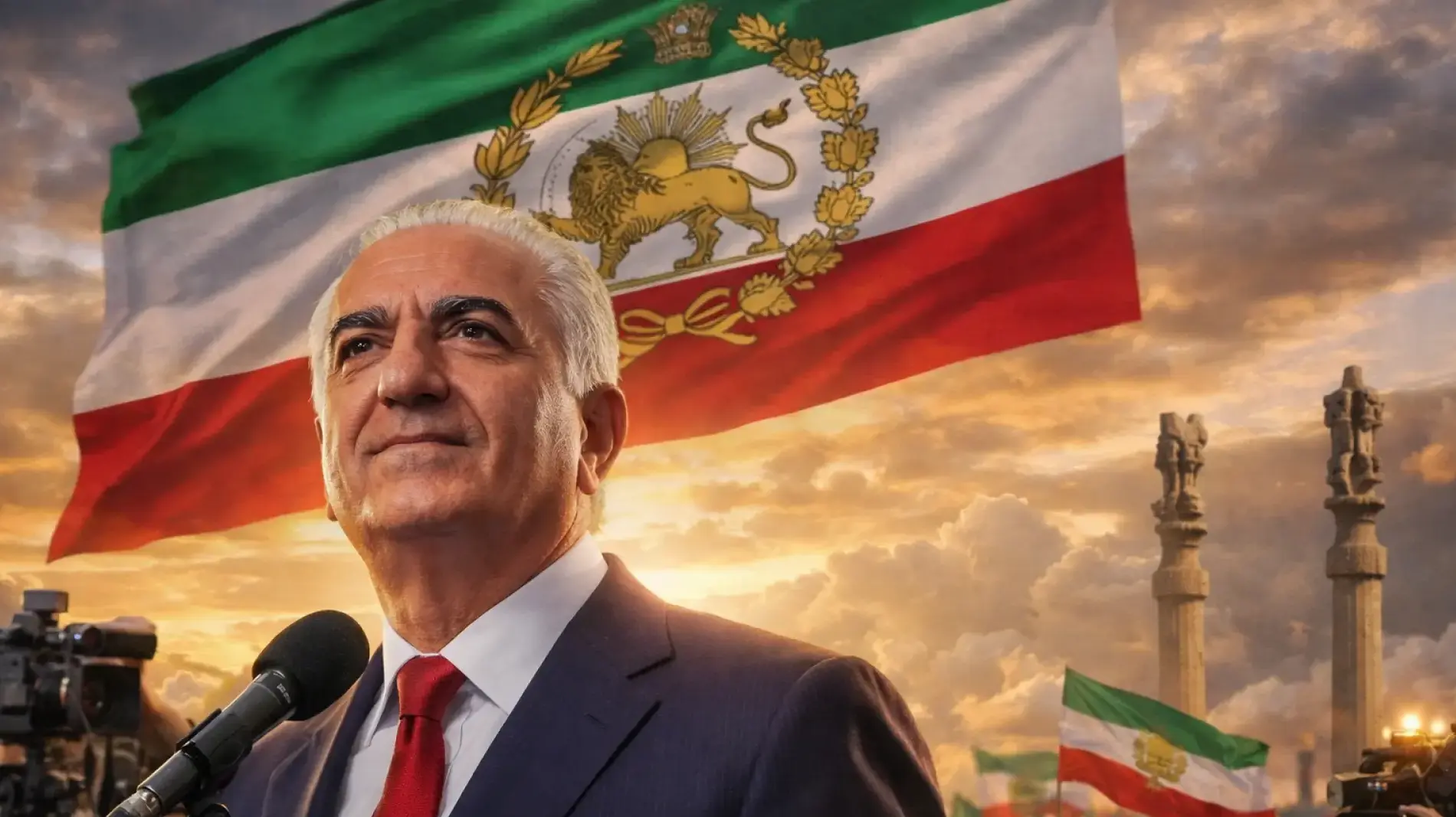 רזה פהלווי נואם מול דגל איראן ההיסטורי בכנס פוליטי