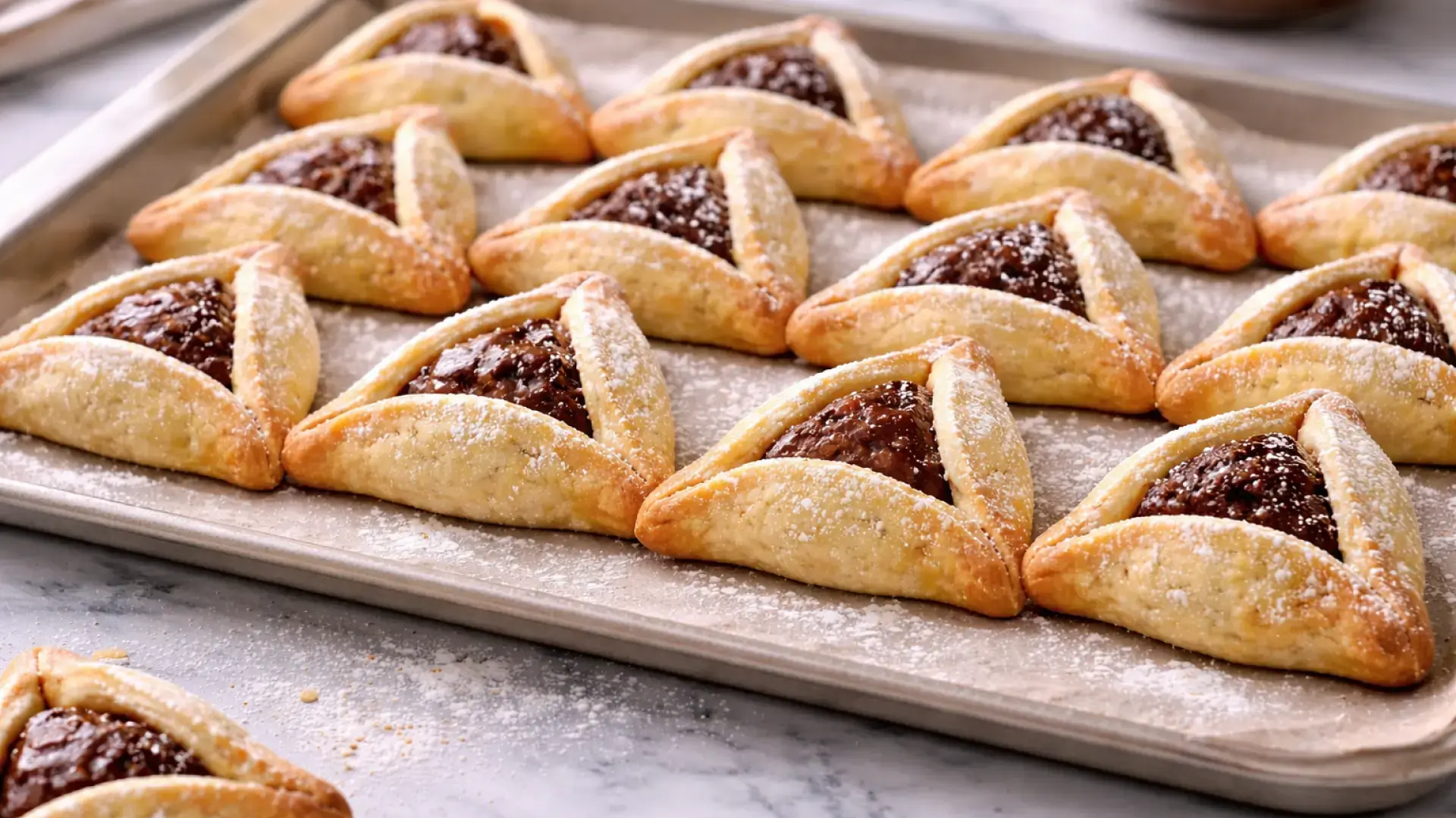 אוזני המן ביתיות במילוי תמרים מסודרות על מגש אפייה, מפודרות באבקת סוכר, על שולחן במטבח מודרני.