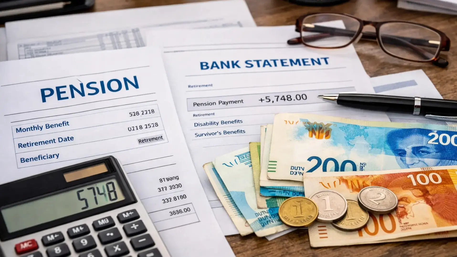 מסמכי פנסיה וקצבאות על שולחן, על רקע עדכון הקצבאות בקרנות הפנסיה הוותיקות של עמיתים