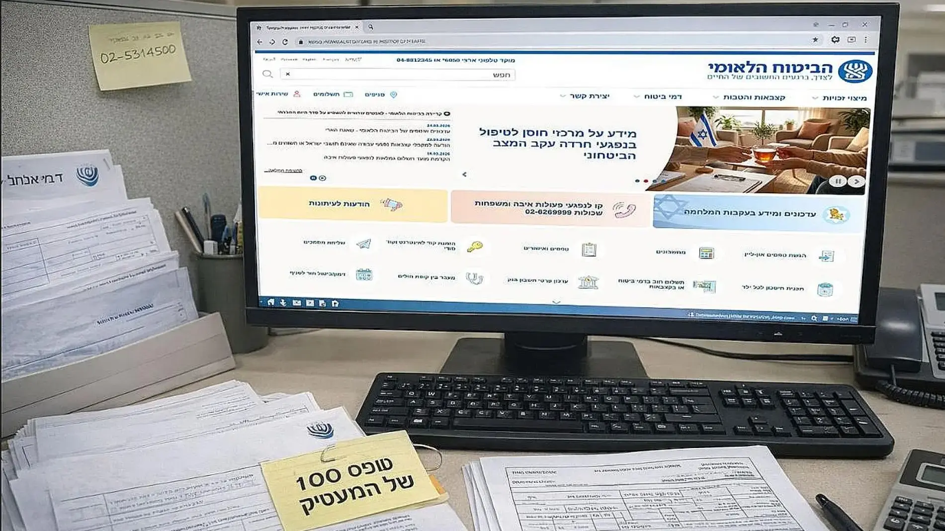 מסך מחשב עם טופסי ביטוח לאומי ואזהרה על טעויות בהגשת תביעות חל״ת