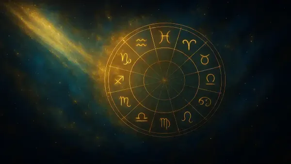 תמונה ריאליסטית רוחבית עם רקע קוסמי רך ומסתורי, הכוללת סמל עדין של מזלות וקרני אור המשרות תחושת עומק והתחדשות.