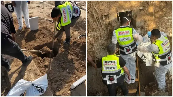 מתנדבי זק''א 360 עובדים באתר קריסת הקברים בבית העלמין ברהט, בסמוך לבור עמוק שנפער בעקבות השיטפונות.