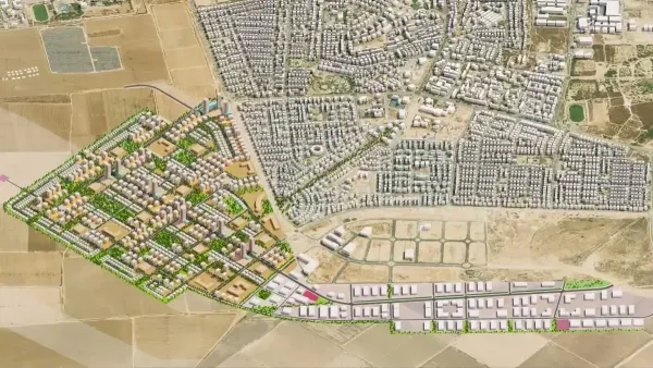 הדמיה של שכונת מגורים חדשה בצפון אופקים עם בנייני מגורים, שטחים ירוקים ודרכים מרכזיות.