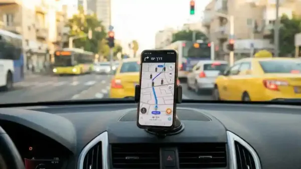מסך אפליקציית Waze המציג אייקוני רמזורים על המפה במהלך ניווט בישראל
