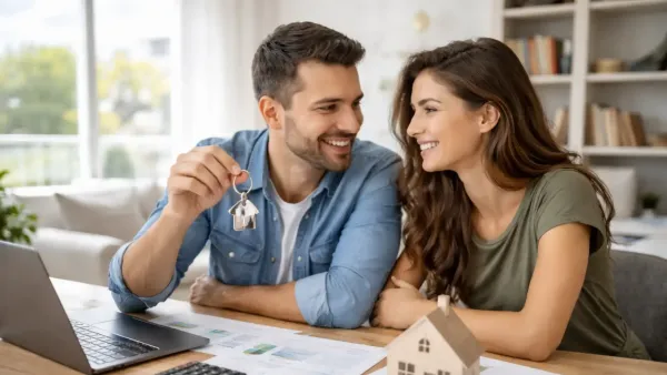 זוג צעיר ישראלי מתכנן רכישת דירה ראשונה עם מסמכים ומפתח ביד