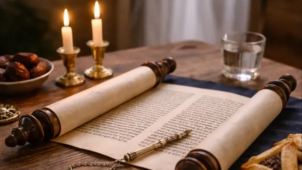 ספר מגילת אסתר פתוח על שולחן עץ, לצד נרות דולקים, באווירה שקטה של ערב חג.