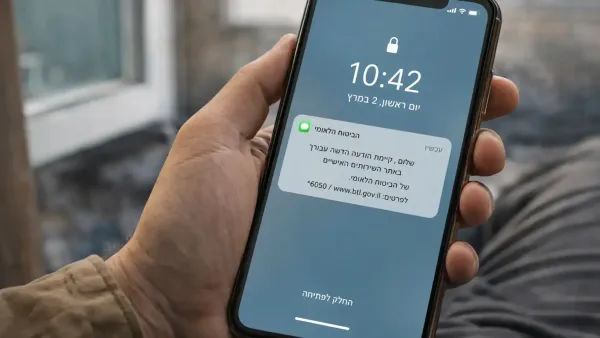 טלפון נייד עם הודעת SMS חשודה המתחזה לביטוח לאומי וברקע אזרח מודאג