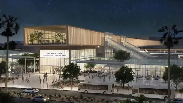 הדמיה של מרכז התחבורה המשולב המתוכנן באזור באר שבע צפון סמוך לאוניברסיטת בן גוריון.