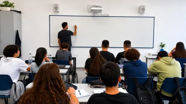 תלמידי חטיבת ביניים בישראל עם טלפונים ניידים בכיתה לפני כניסת האיסור החדש