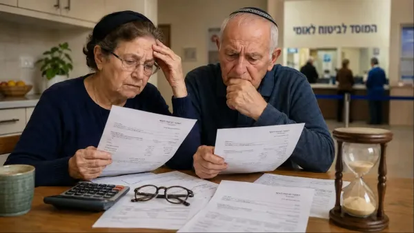 אדם מבוגר יושב מול מסמכי ביטוח לאומי וחשבונות ביתיים, ברקע שעון חול וקופה ציבורית ריקה המסמלים את משבר מימון הקצבאות בישראל.