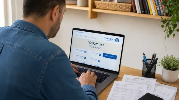 עובד שבודק זכאות לדמי אבטלה באתר הביטוח הלאומי לצד מסמכי שכר