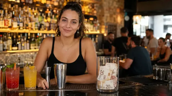 ברמנית מקבלת טיפ במזומן לצד תלוש שכר וטופס של הביטוח הלאומי