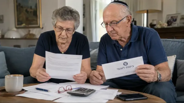 אזרחית ותיקה בוחנת את תשלום קצבת הביטוח הלאומי לצד מטבעות ומסמכים