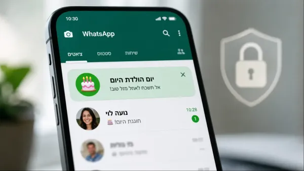 טלפון חכם עם מסך וואטסאפ ותזכורת יום הולדת לצד סימן פרטיות
