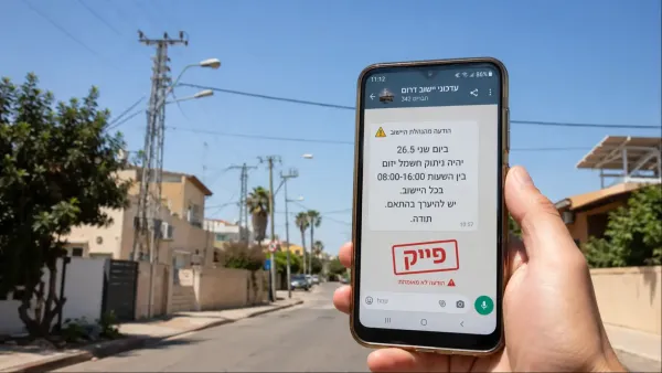 טלפון עם הודעת וואטסאפ על הפסקת חשמל לצד עמוד חשמל ורקע של שכונת מגורים