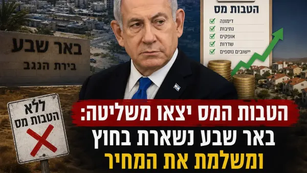 שלט כניסה לבאר שבע לצד סמלי מס הכנסה ויישובים בדרום הנהנים מהטבות מס