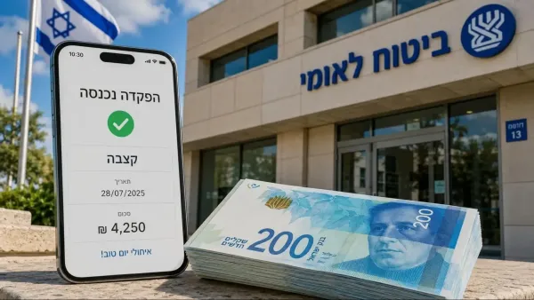טלפון נייד עם הודעת הפקדה מביטוח לאומי לצד שטרות כסף ותלוש קצבה