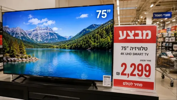 טלוויזיית סמסונג 75 אינץ׳ לצד שלט מבצע ברשת ויקטורי
