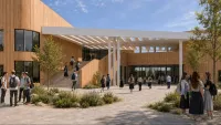 הדמיה של תיכון חדשני חדש בשכונת אפיקי נחל באופקים עם מרחבי למידה מתקדמים.